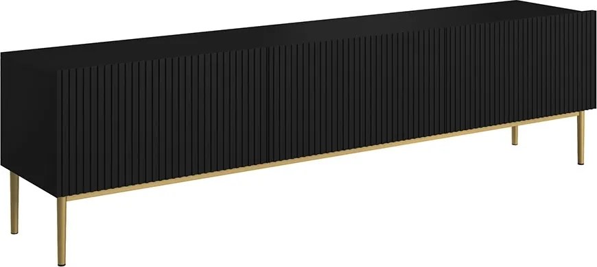 TV stolík Nicole 200 cm na metalových nožičkách so zásuvkou - čierny mat / zlaté nožičky