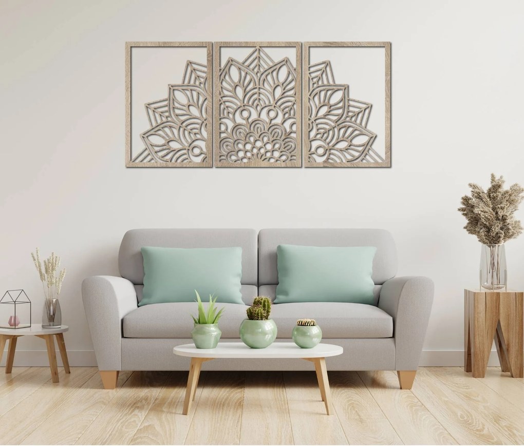 SENTOP | 3-dielna mandala kvetov – moderná drevená nástenná dekorácia do obývačky | SENTOP HDF0583-60 x 30-WENGE
