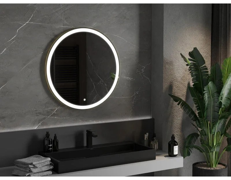 Mexen Esso, okrúhle LED podsvietené kúpeľňové zrkadlo 80 cm, 6000K, vykurovacia podložka proti zahmlievaniu, zlatý rám, 9825-080-080-611-50