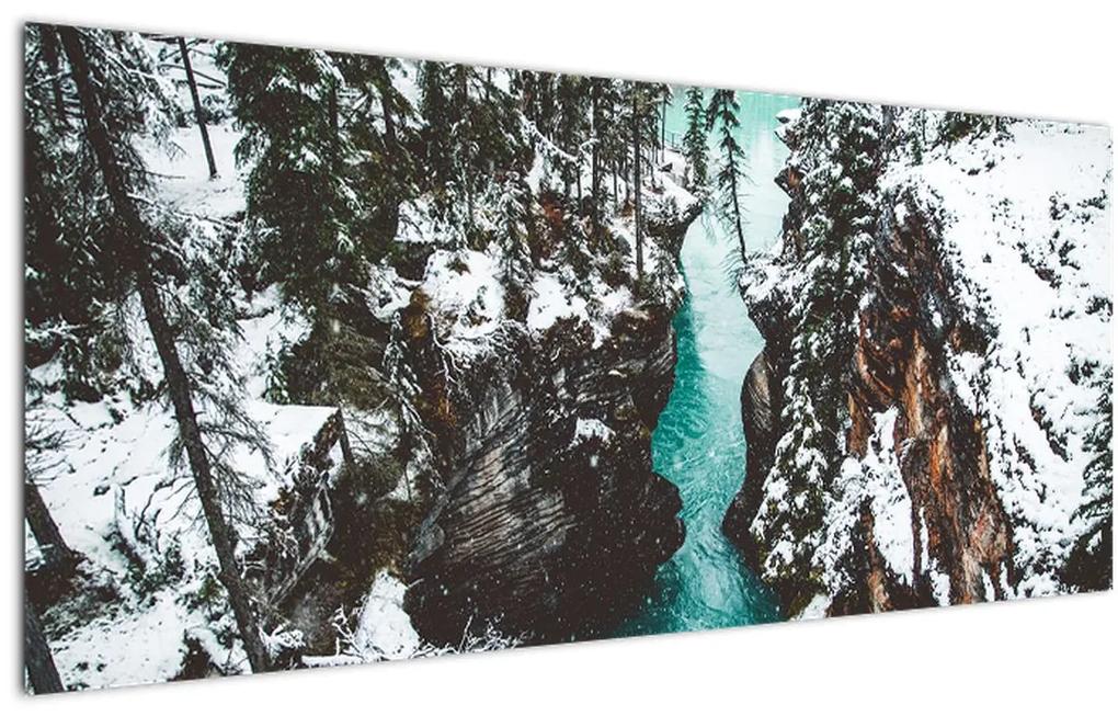 Obraz - horská rieka v zime (120x50 cm)