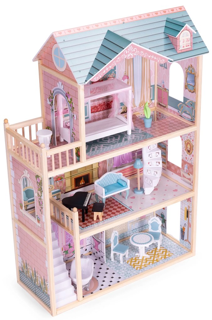 Veľký drevený domček pre bábiky, 3 poschodia, 11 kusov nábytku, ECOTOYS