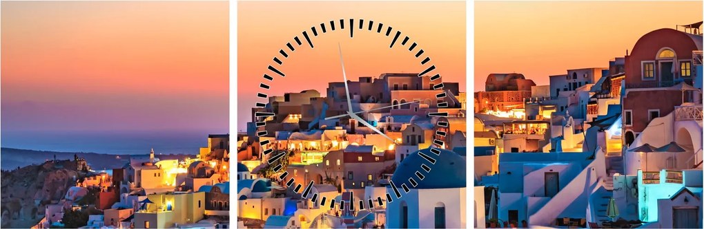 Obraz - Santorini pri zotmení (s hodinami) (90x30 cm)