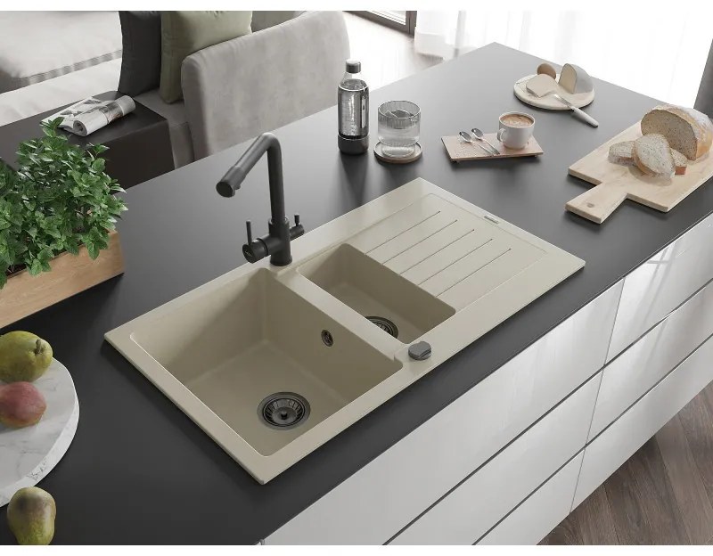 Mexen Matias, granitový drez 900x505x200 mm, 1,5-komorový a čierna batéria Duero, béžová, 6502-69-671600-70