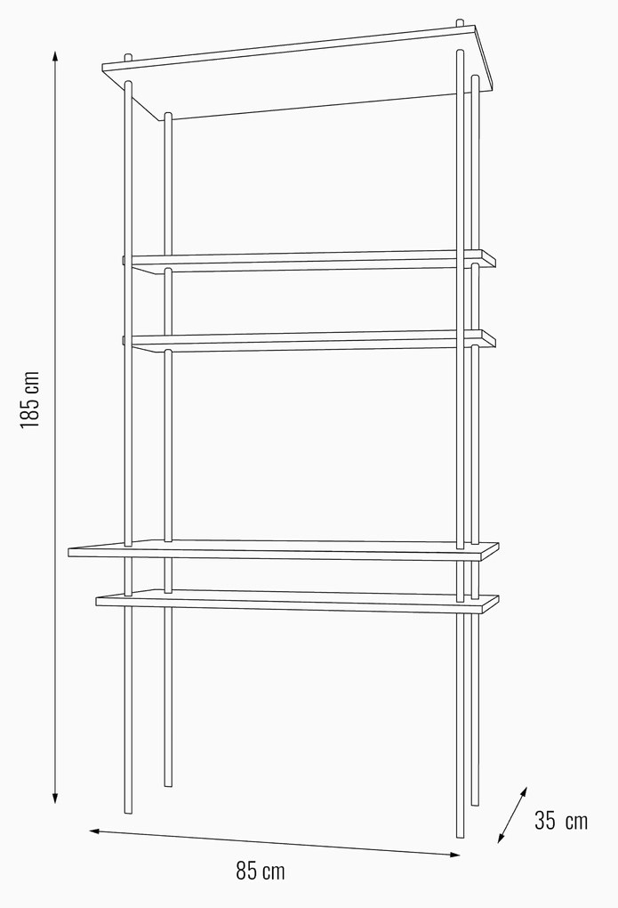 Regál s písacím stolom DECO s 5 policami, 185x85x35/52,5 cm