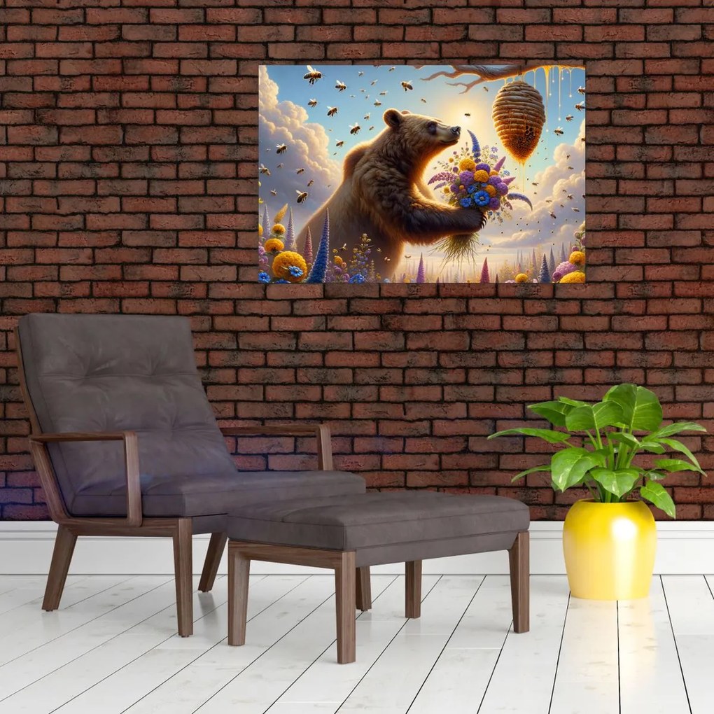Obraz - Medveď a včielky (90x60 cm)