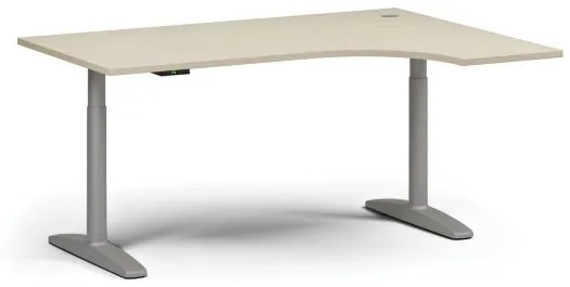 Výškovo nastaviteľný stôl OBOL, elektrický, 675-1325 mm, rohový pravý, doska 1600x1200 mm, sivá zaoblená podnož, breza