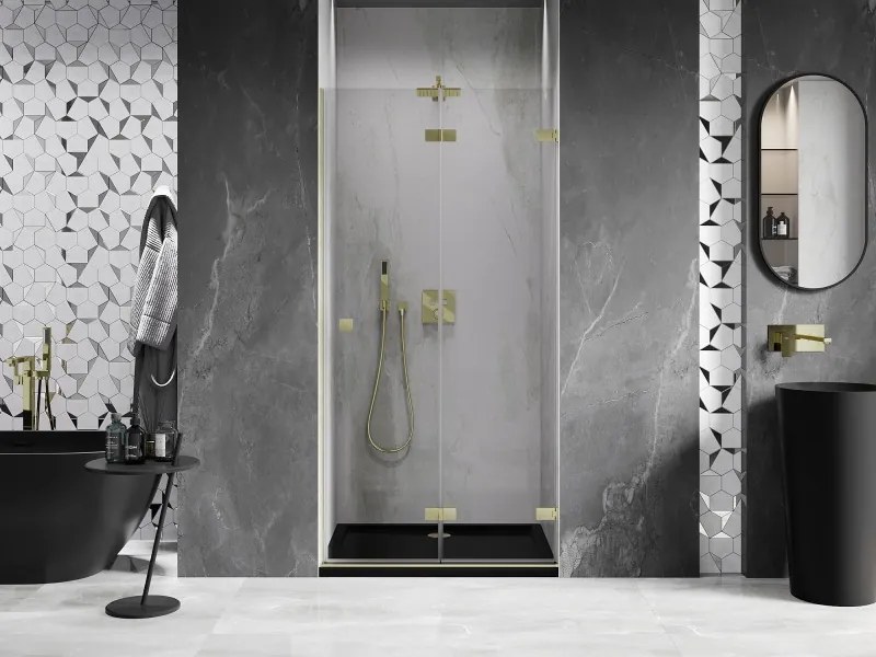 Mexen, Mexen Lunar-F pravé sklápacie sprchové dvere 70 cm, transparentné, brúsené zlato - 836-070-000-55-00-P
