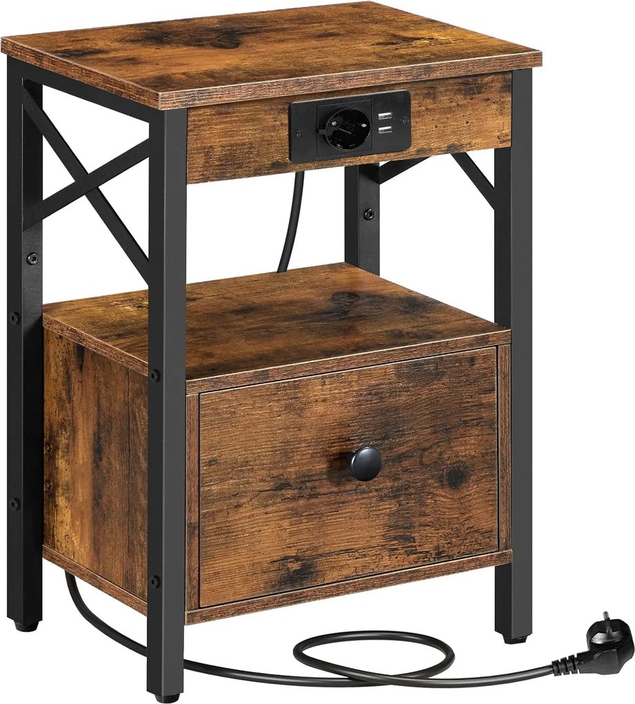 Noční stolek Vasagle Zrava 38 cm s nabíjecí stanicí hnědý/černý