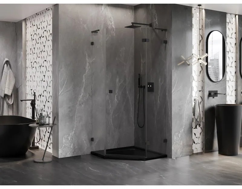 Mexen Lunar, L sklopný päťuholníkový sprchový kút pravý 100 x 100 cm, 8mm číre sklo, čierny profil, 831L-100P-100L-70-00-P