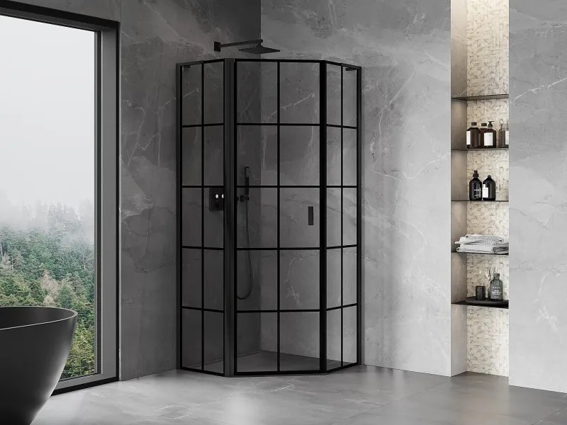 Mexen Mist L, päťuholníkový sprchový kút s krídlovými dverami, 100 x 100 cm, 8mm číre sklo, čierny profil, 8A8L-100-100-70-77-L