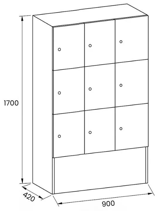 Drevená odkladacia skrinka s úložnými boxami, 9 boxov, 1700 x 900 x 420 mm, cylindrický zámok, breza