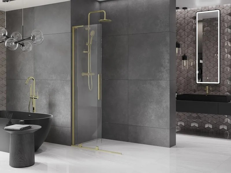 Mexen Velar L, posuvná sprchová zástena Walk-in 100 x 200 cm, 8mm číre sklo, zlatá matná, 871-100-003-03-55