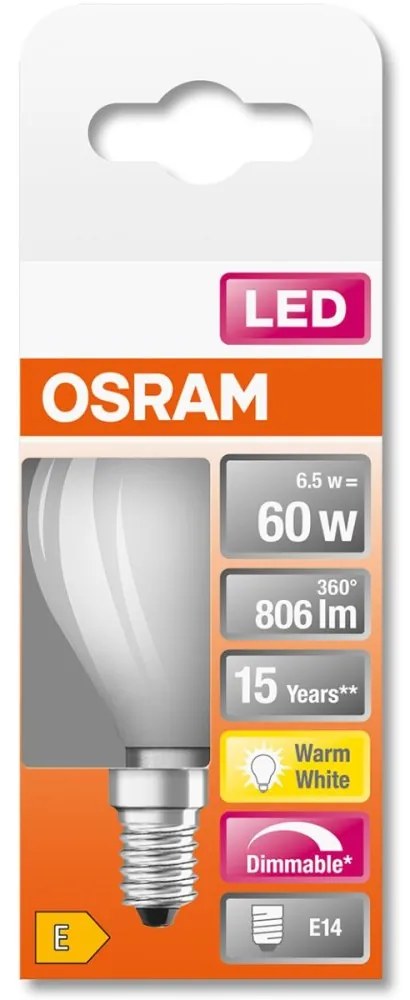 LED žiarovka E14 P45 6,5W = 60W 806lm 2700K Teplé 320° vlákno Stmievateľné OSRAM SUPER STAR