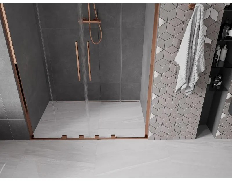 Mexen Velar L Duo, posuvné sprchové dvere do otvoru 150 cm, 8mm číre sklo, ružové zlato, 871-150-003-02-60