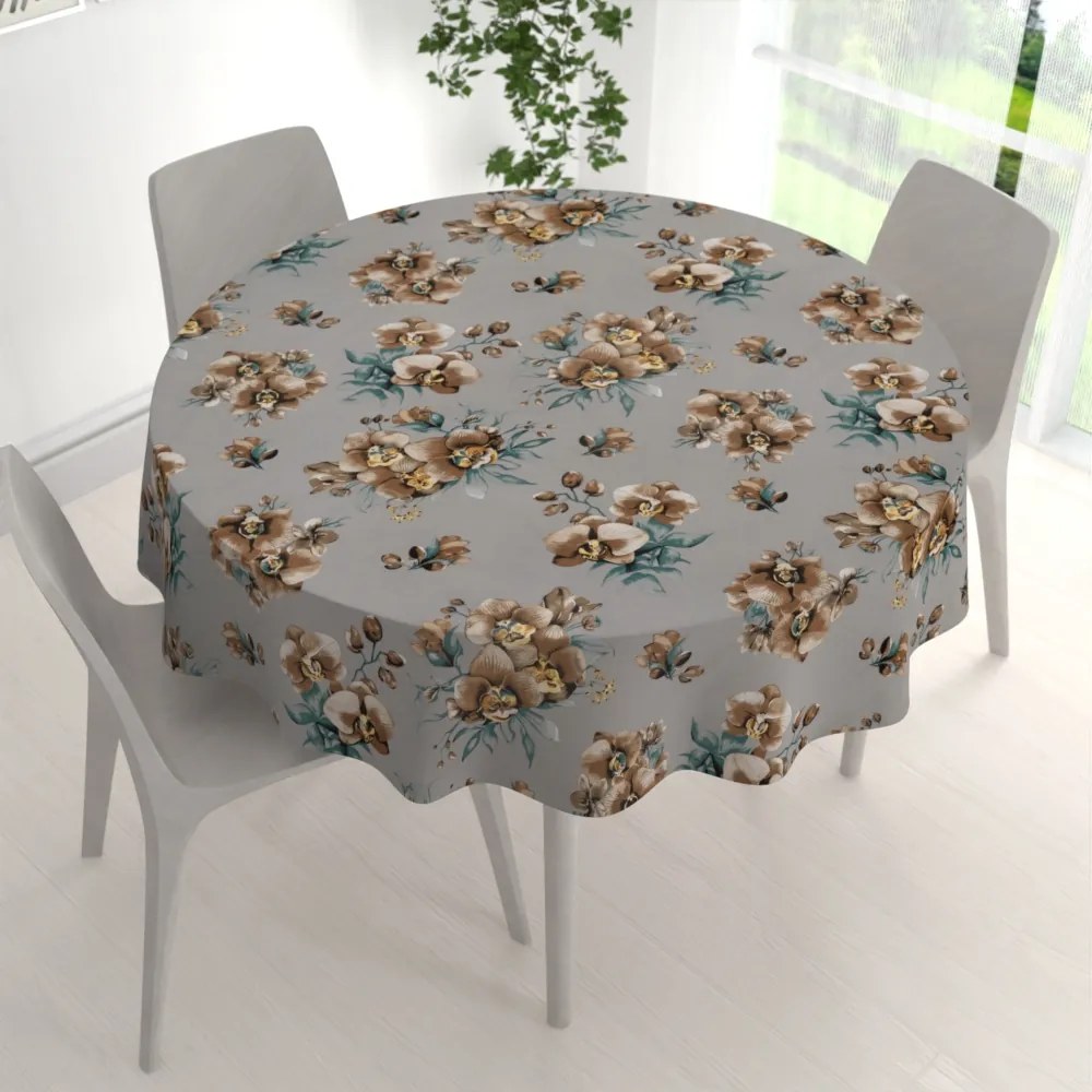 Biante Bavlnený okrúhly obrus Sandra SA-622 Hnedé orchidey na sivom Ø 60 cm