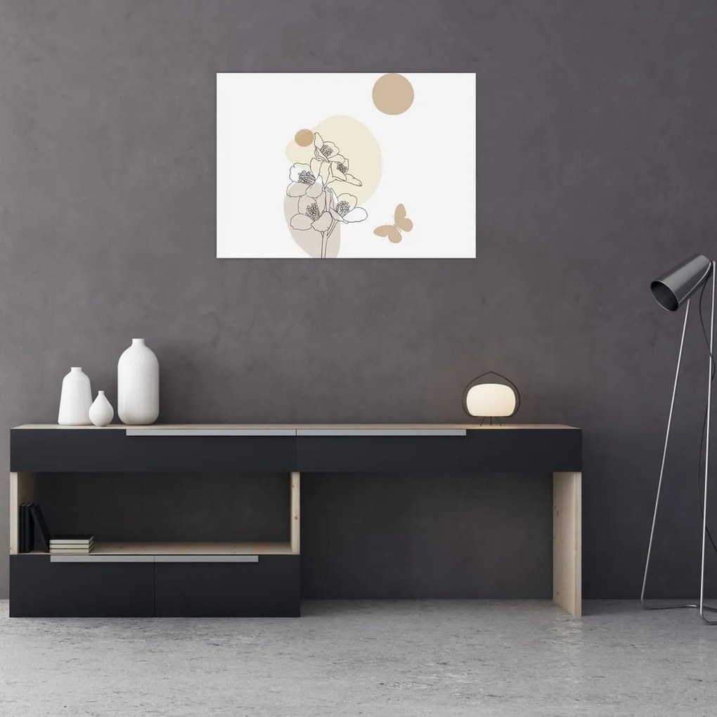 Obraz - Béžové kvety s motýľom N⁰4 (70x50 cm)