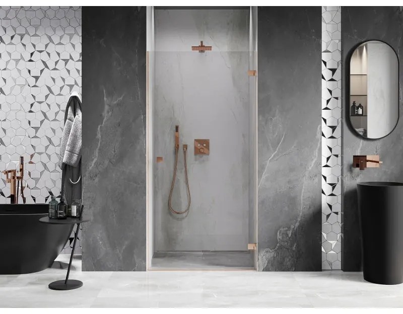 Mexen Lunar-B, Otočné pravé sprchové dvere 75 cm, 8mm číre sklo, medený matný profil, 832-075-000-65-00-P