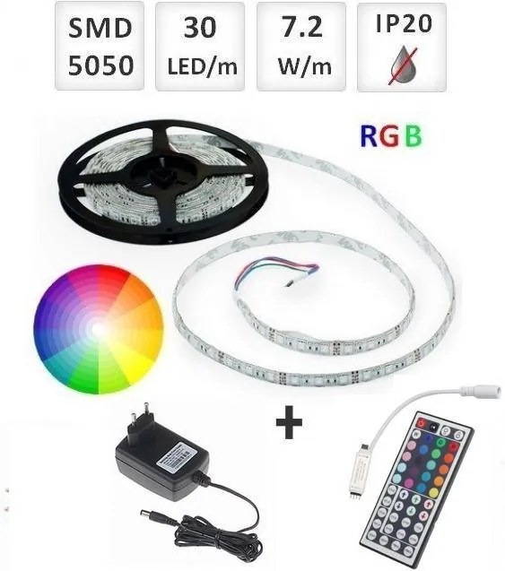 Optonica Sada: 5m RGB LED pásik do interieru 30 SMD5050/m, 7.2W/m, IP20 + zdroj + RGB ovládač 44 tlač.