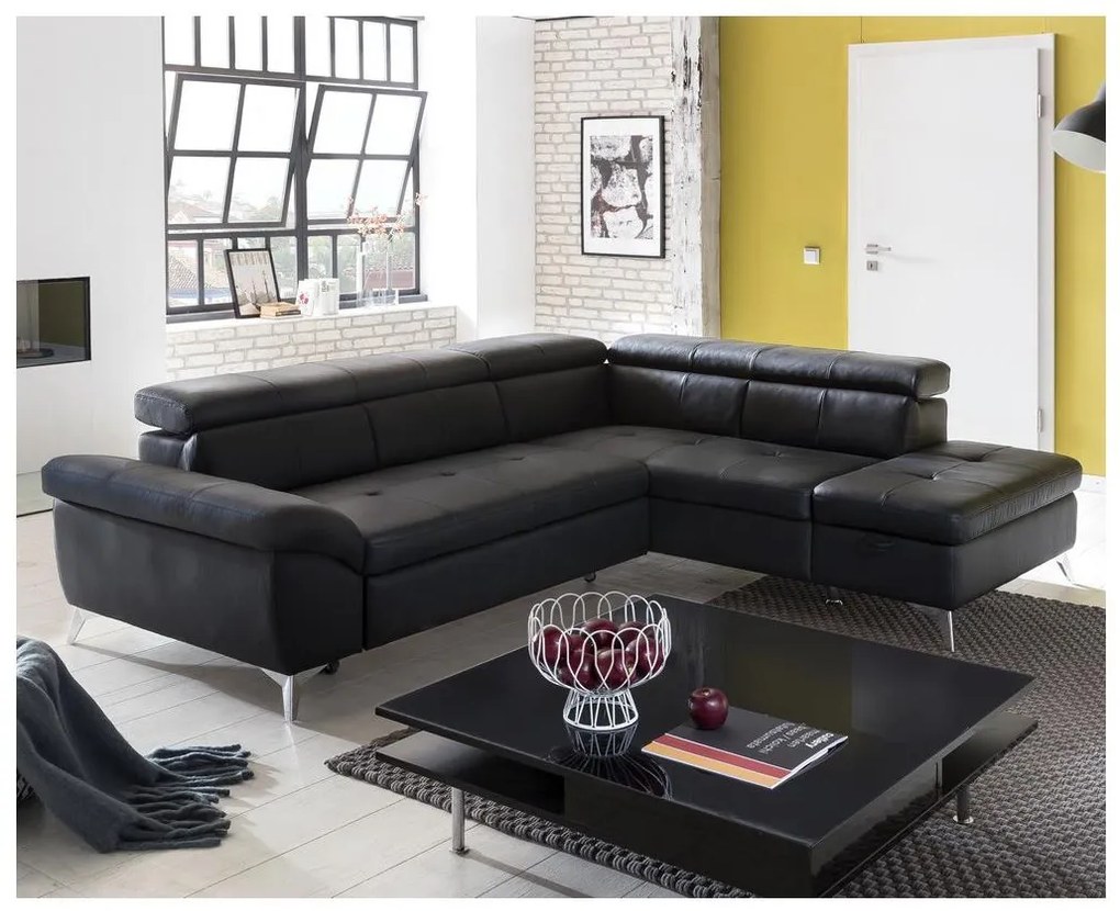 Kožená rohová sedacia súprava SALERNO II pravá čierna, rozkladacia