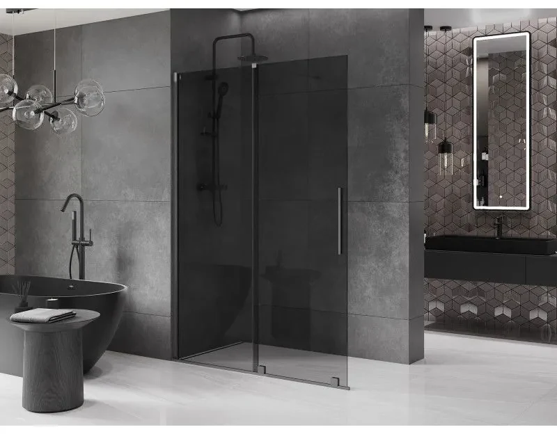 Mexen Velar, sprchová zástena s posuvnými dverami Walk-in 140 x 200 cm, 8mm šedé sklo, grafit brúsený, 871-140-000-43-66