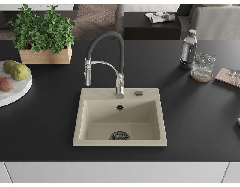 Mexen Milo, 1-komorový granitový drez 435x410x171 mm a drezová batéria Aster, béžová, 6505-69-73450-07-B