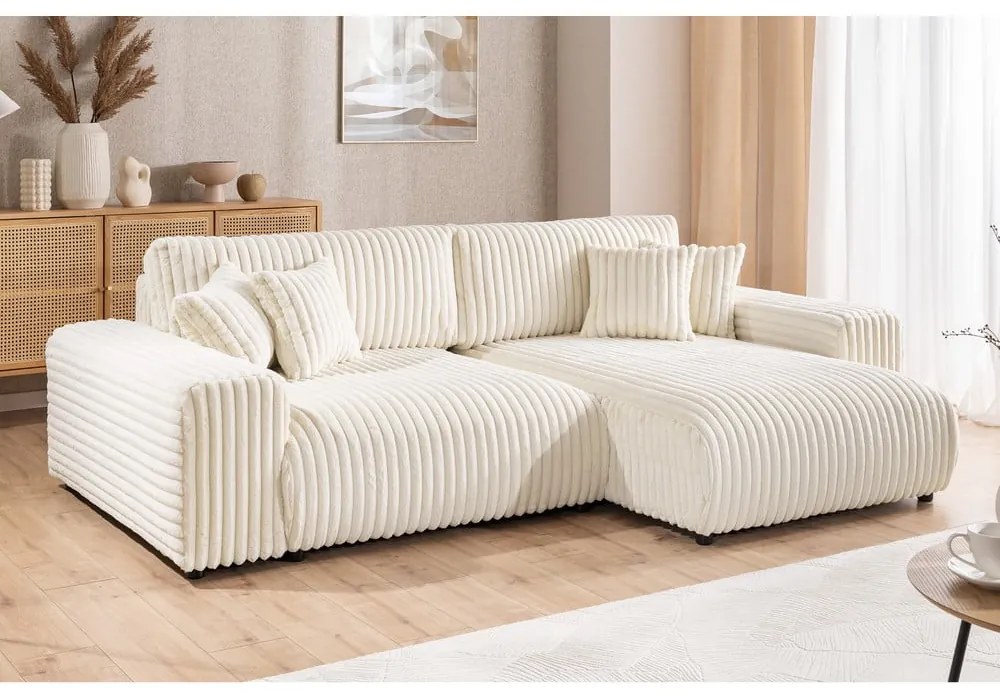 Krémová menčestrová rozkladacia/s úložným priestorom rohová pohovka (pravý roh) Sarina – Ropez