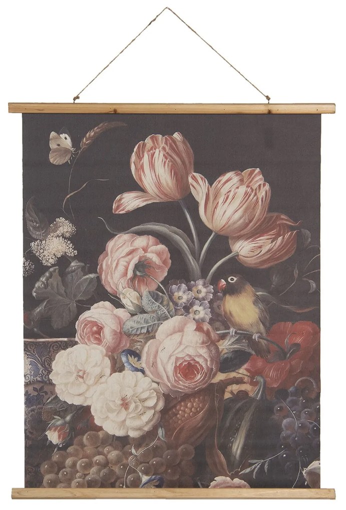 Závesný textilný obraz kvetinové zátišie s vtáčikom v retro štýle - 80*2*100 cm