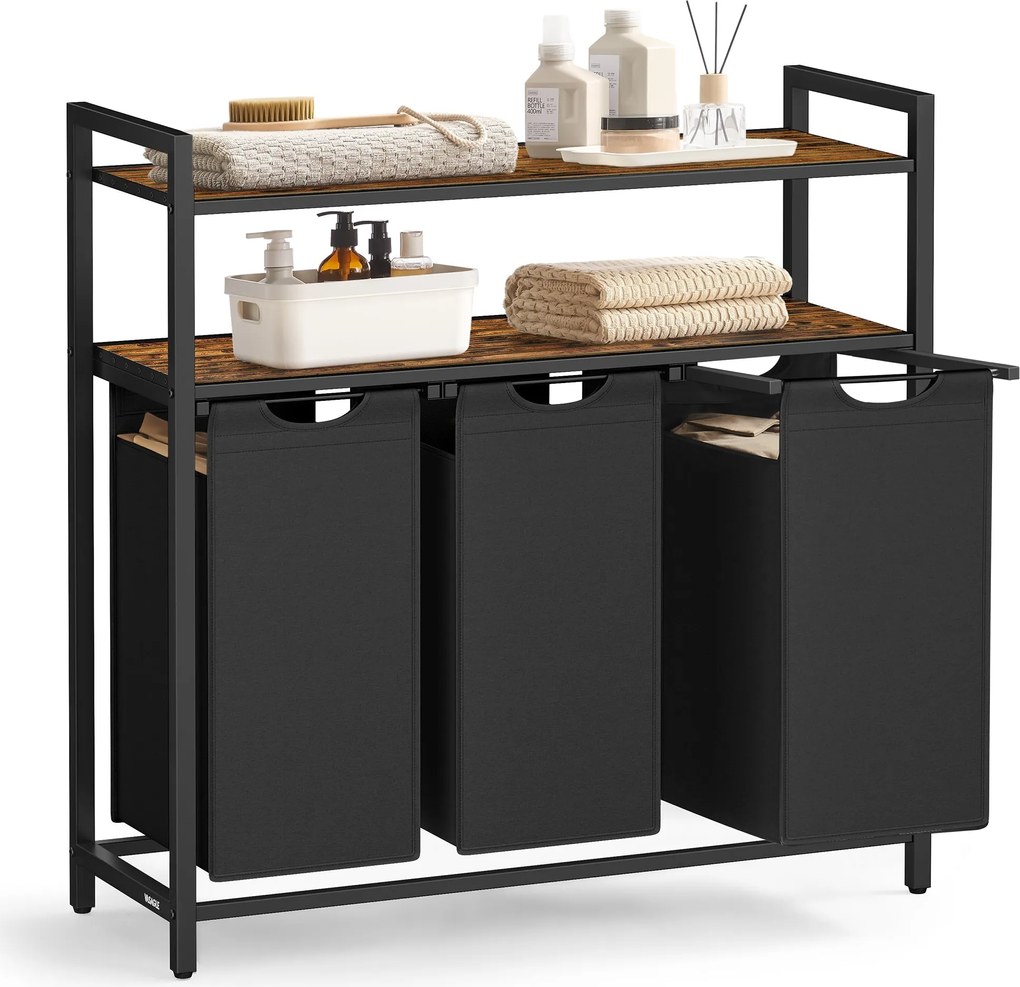 Kôš na prádlo s triedičom, 3 vysúvateľné a vyberateľné tašky, 3 × 40 L, hnedý a čierny