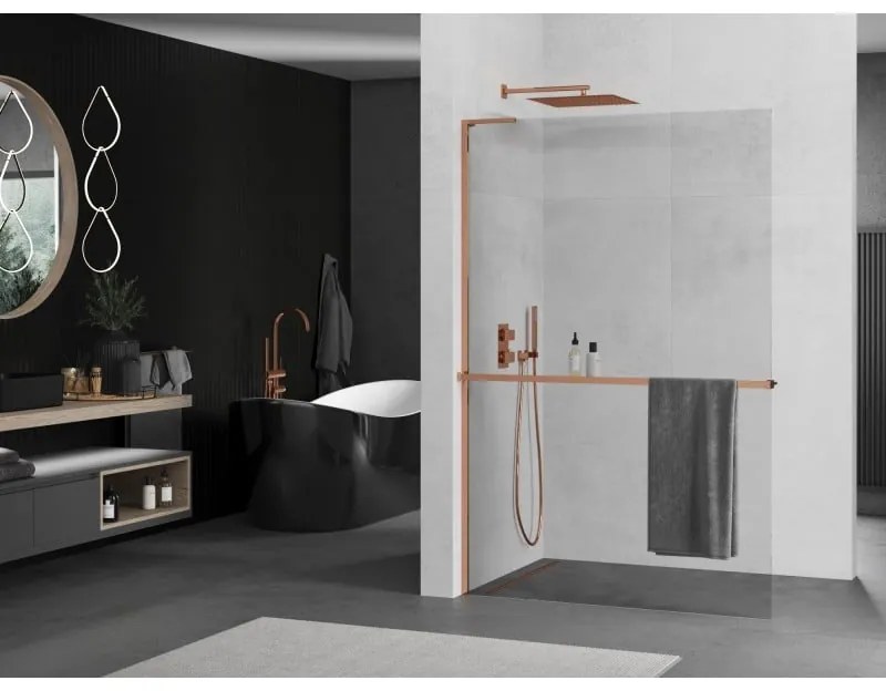 Mexen Kioto+ L, sprchová zástena Walk-In s poličkou a vešiakom 110 x 200 cm, 8mm číre sklo, ružové zlato profil, 800-110-123-60-00