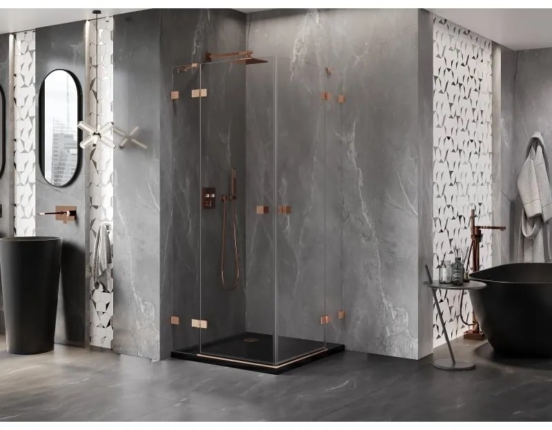 Mexen Lunar Duo, výklopný sprchový kút 90 x 90 cm, 8mm číre sklo, profil medená matná, 834-090L-090P-65-00