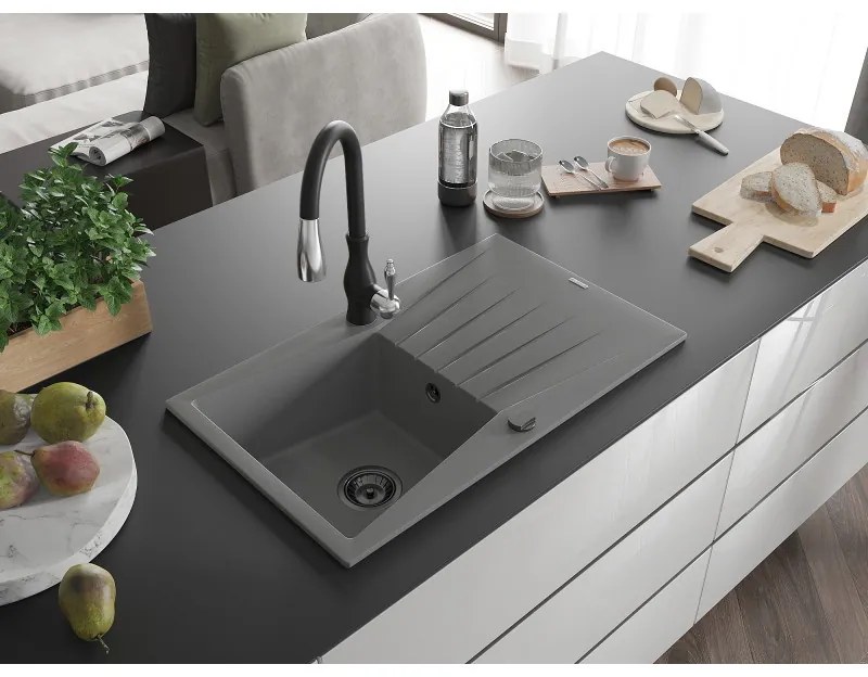 Mexen Cesar, 1-komorový granitový drez 775x470x190 mm a drezová batéria Savita, šedá, 6514-71-672601-70-B