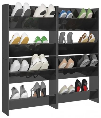 vidaXL Nástenné skrinky na topánky 4 ks lesklé sivé 60x18x60 cm drevotrieska-