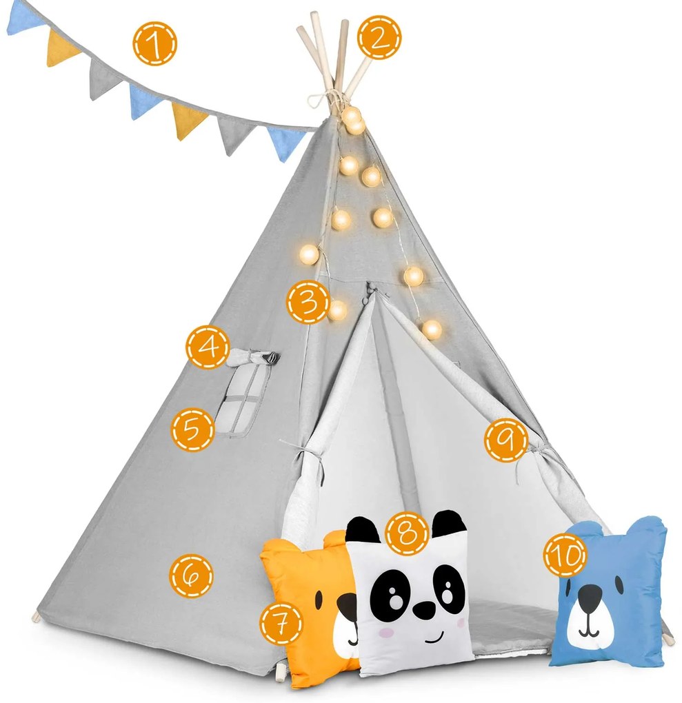 Detský stan Tepee so svetlom Nukido - sivý