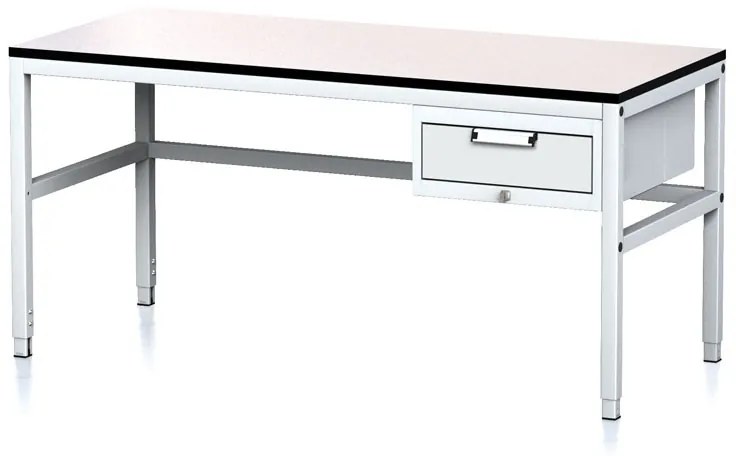 Nastaviteľný dielenský stôl MECHANIC II, 1 zásuvkový box na náradie, 1600x700x745-985 mm, sivá/sivá