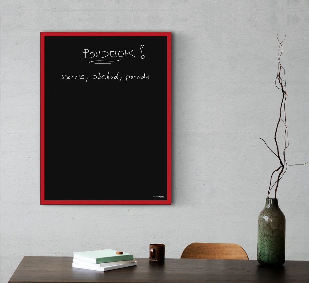 Toptabule.sk  Čierna kriedová tabuľa v červenom drevenom ráme COLOR 90x60 cm