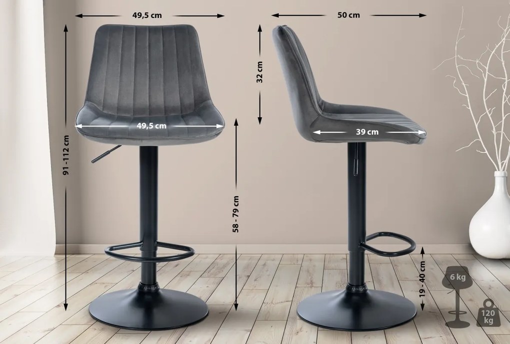 2x Barová stolička Toni - zamat, čierny rám - Tmavo sivá