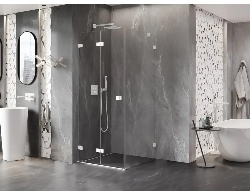 Mexen Lunar-F, skladací sprchový kút ľavý 90 x 90 cm, 8mm číre sklo, biely profil, 836-090-090-20-00-L