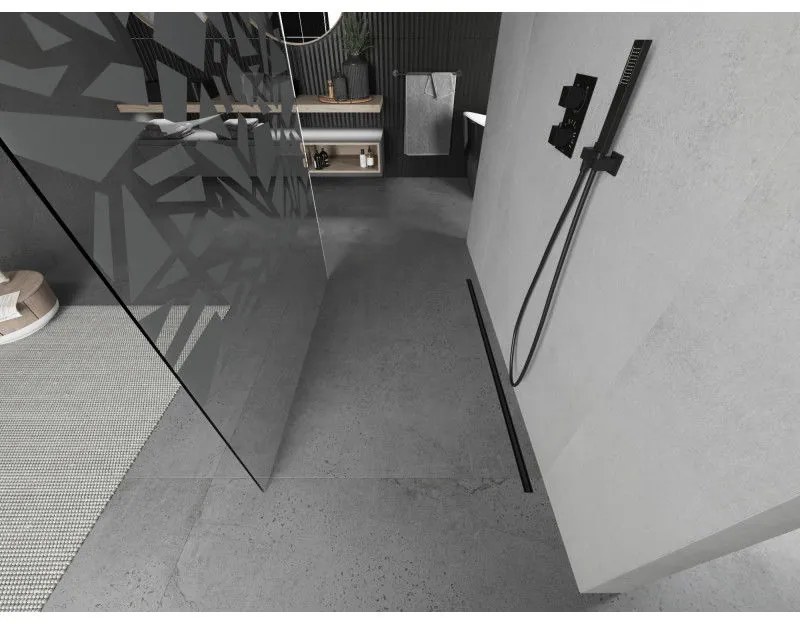 Mexen Kioto, priechodná sprchová zástena 100 x 200 cm, 8mm sklo číre/biely vzor, 2x čierna stabilizačná rozpera, 800-100-002-70-85