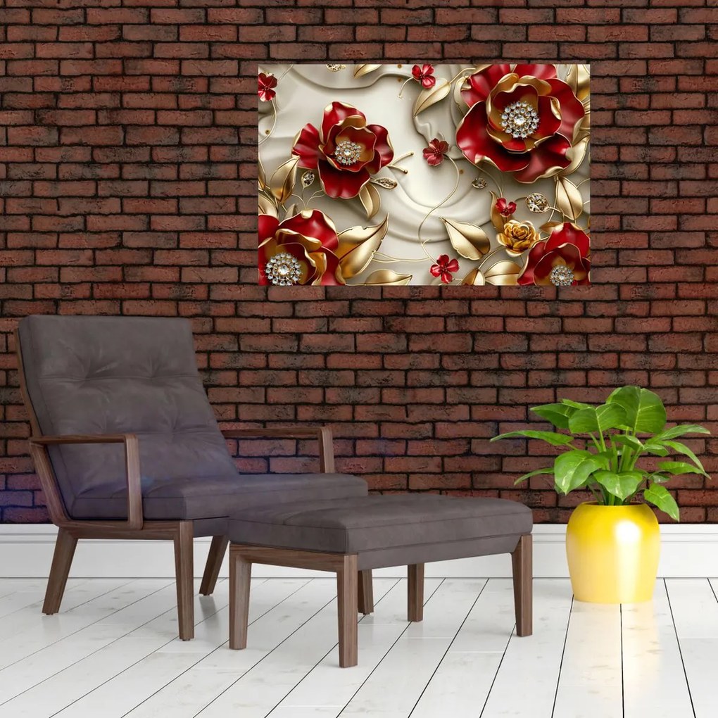 Obraz - 3D Červeno-zlaté kvety (90x60 cm)