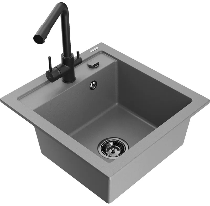 Mexen Vito, 1-komorový granitový drez 520x490x210 mm, čierna matná batéria Duero, šedá, 6503-71-671600-70-B