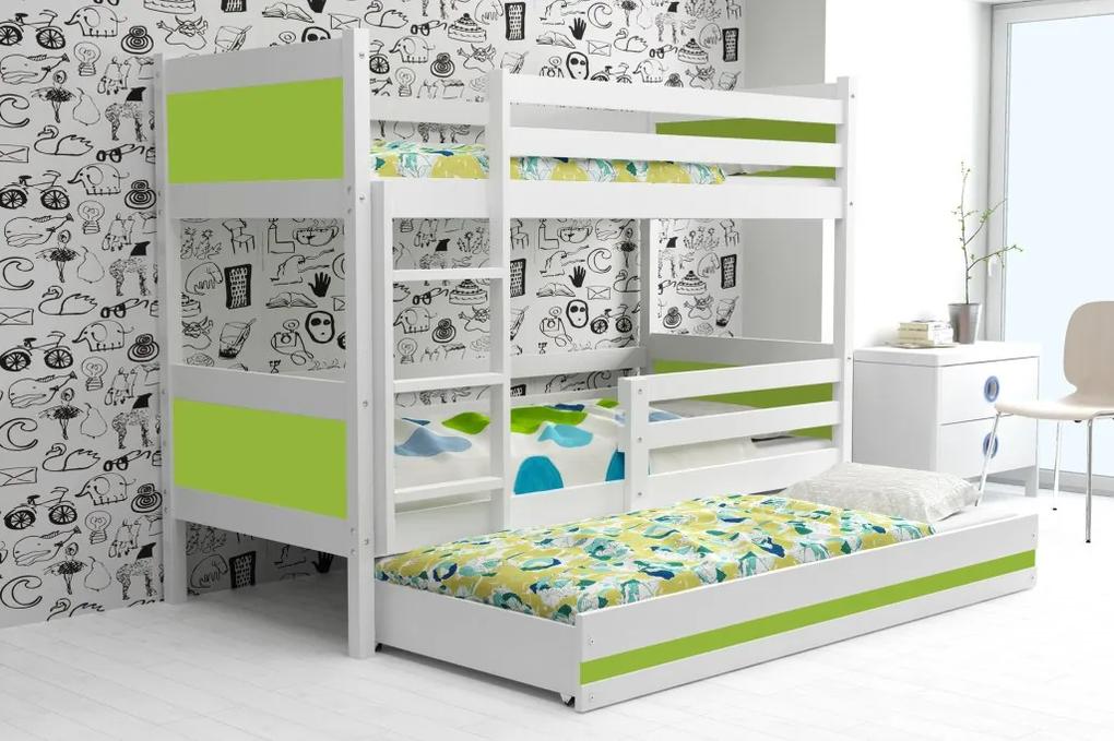 Poschodová posteľ s prístelkou RINO 3 - 190x80cm - Biely - Zelený