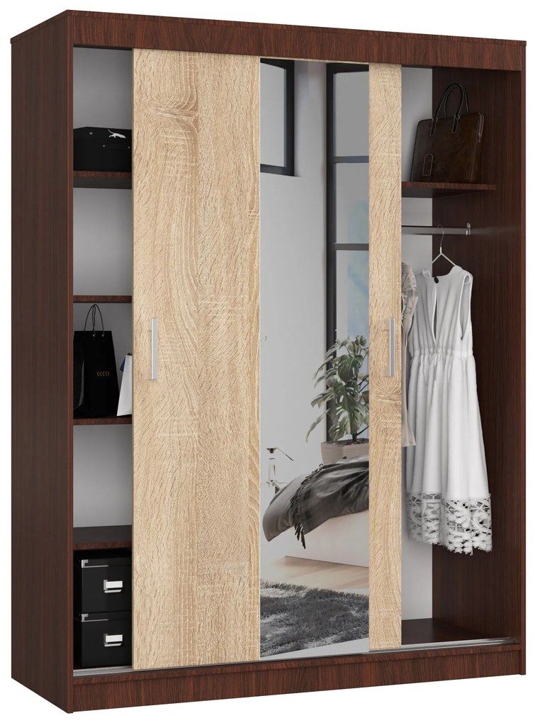 Šatníková skriňa Clotilde  (wenge + dub sonoma) (so zrkadlom). Akcia -19%. Vlastná spoľahlivá doprava až k Vám domov. 1069415