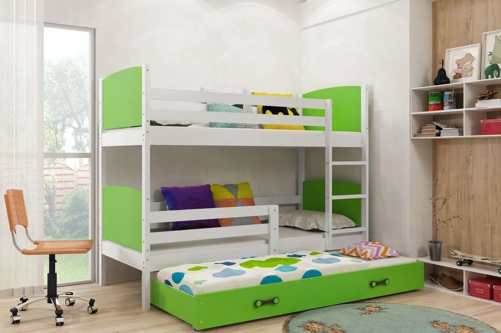 Poschodová posteľ s prístelkou TAMI 3 - 190x80cm - BIELA - ZELENÁ