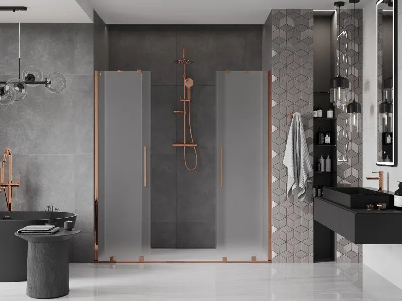 Mexen Velar Duo, posuvné sprchové dvere do otvoru 200 cm, 8mm sklo námraza, ružové zlato, 871-200-000-32-60
