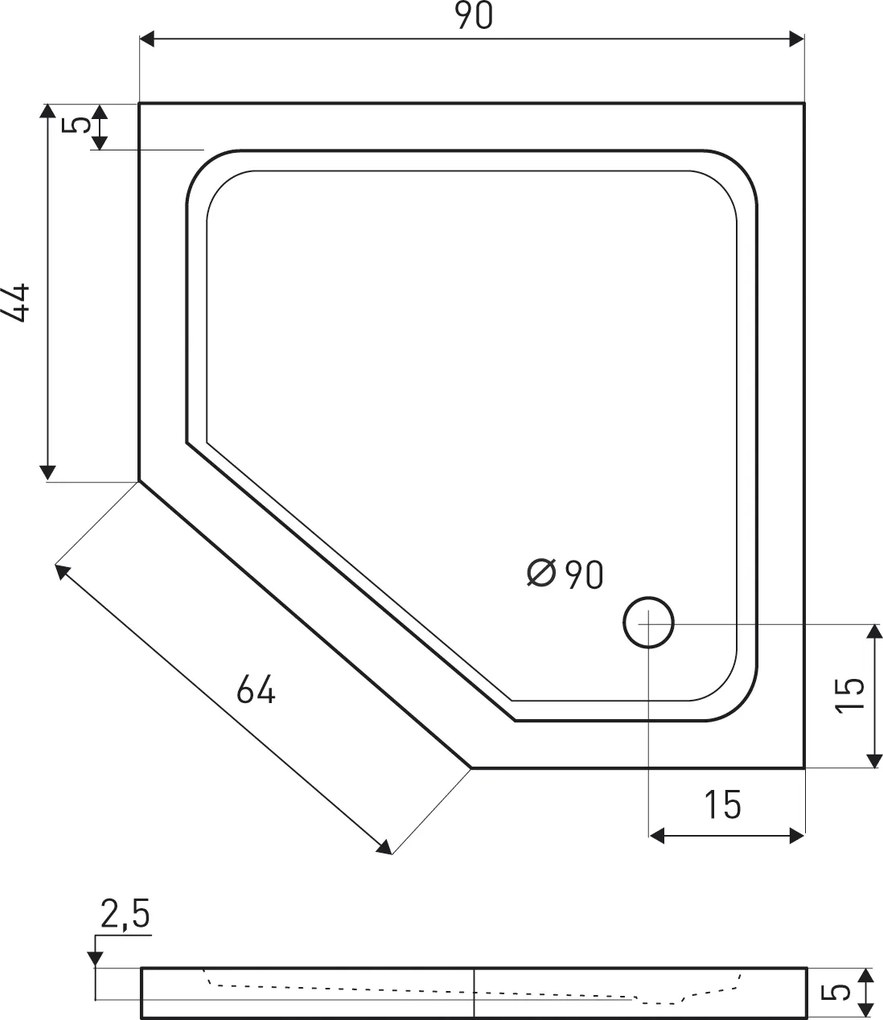 Novoterm Päťuholníková akrylátová sprchová vanička NV-Prato Slim 90x90 čierna, nízka