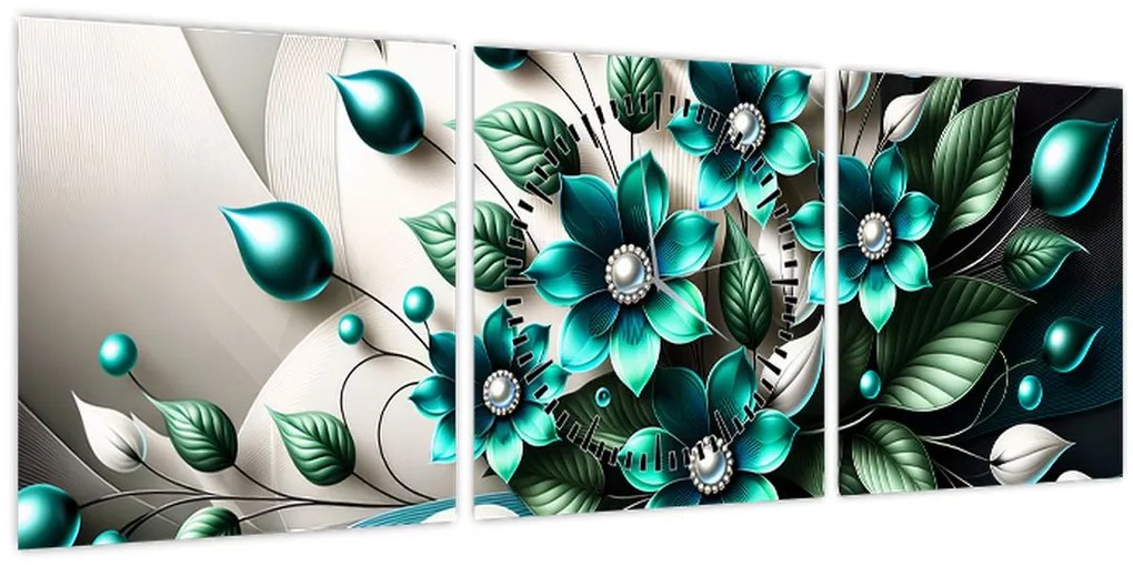 Obraz - 3D tyrkysové kvety (s hodinami) (90x30 cm)