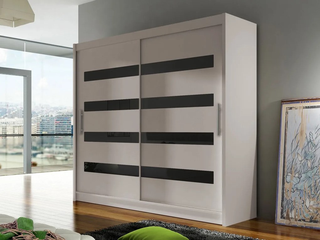 Skriňa London XI, Farby: kašmír /kašmír + čierny lacobel, Osvetlenie: osvetlenie LED RGB - farebné