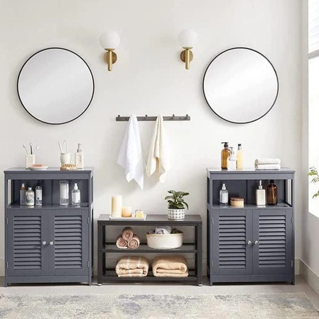 Kúpeľňová skrinka, voľne stojaca skrinka s lamelovými dvierkami, sivá