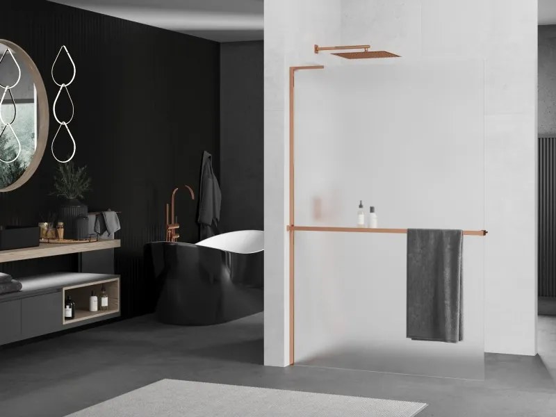 Mexen Kioto+ L, sprchová zástena Walk-In s poličkou a vešiakom 100 x 200 cm, 8mm sklo námraza, ružové zlato profil, 800-100-123-60-30