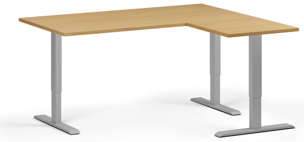 Výškovo nastaviteľný stôl, 160x140 cm, 3 motory, L/P, sivá podnož, buk